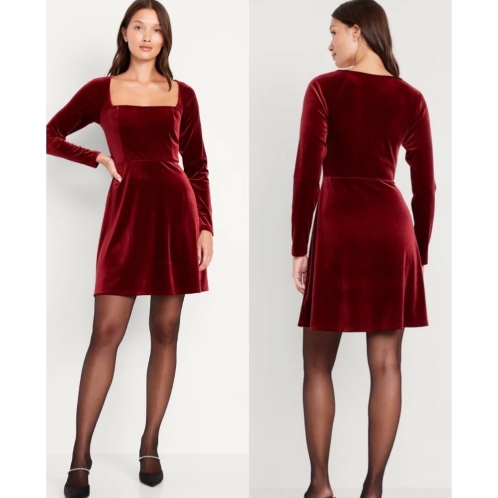 Old Navy Red Velvet Square Neck Long Sleeve Mini Dress Fit Flare Holiday Y2K M‎